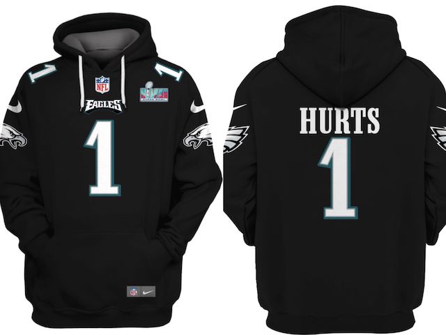 Men's Philadelphia Eagles #1 Jalen Hurts Black Super Bowl LVII Patch Pullover Hoodie - Click Image to Close